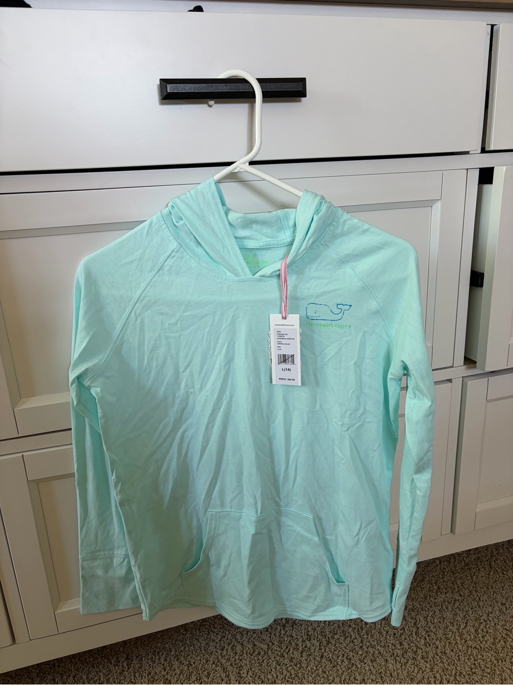 NWT Vineyard Vines Girls L 14 Glow Whale Hoodie Tee Crystal Blue